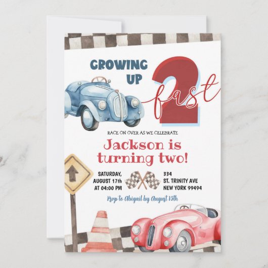Rood en Blauw Racing Car Twee Fast Boy 2e Verjaard Kaart (Voorkant)