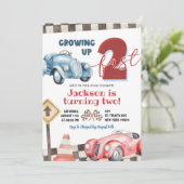 Rood en Blauw Racing Car Twee Fast Boy 2e Verjaard Kaart (Staand voorkant)