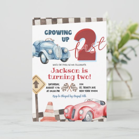 Rood en Blauw Racing Car Twee Fast Boy 2e Verjaard Kaart (Staand voorkant)