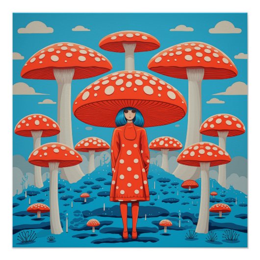 Rood en Blauw Retro Psychedelische Paddestoel Perfect Poster (Voorkant)