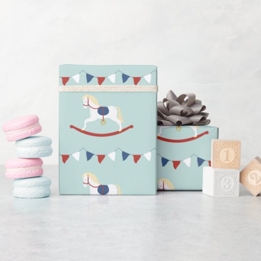 Rood- en blauw Rockpaard Cadeaupapier (Baby Shower)