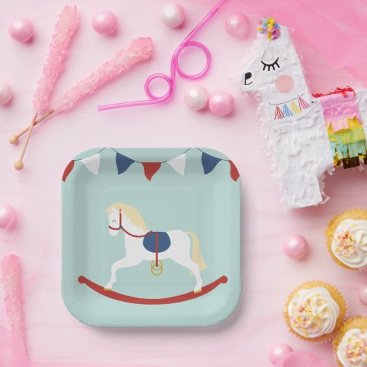 Rood- en blauw Rockpaard Papieren Bordje (Feest)