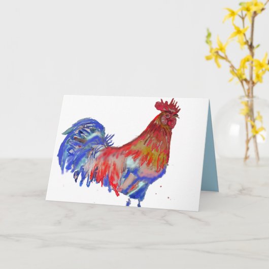 Rood en Blauw Rooster Aquarel Kip Cockerel Kaart (Gele Bloem)