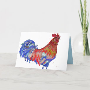 Rood en Blauw Rooster Aquarel Kip Cockerel Kaart