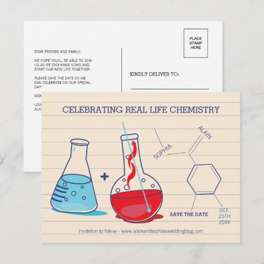 Rood en blauw Save the Date Chemistry Briefkaarten (Voorkant / Achterkant)