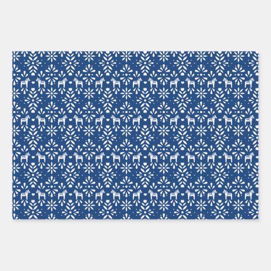 Rood en Blauw Scandinavisch Dala Paard Vakantie Inpakpapier Vel (Voorkant 3)