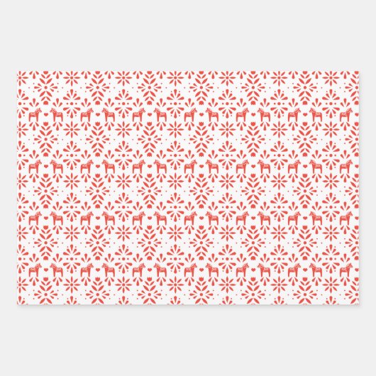 Rood en Blauw Scandinavisch Dala Paard Vakantie Inpakpapier Vel (Voorkant)