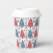 Rood en Blauw Scandinavische Kerstboom Folk Art Papieren Bekers (Achterkant)
