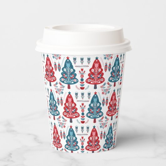 Rood en Blauw Scandinavische Kerstboom Folk Art Papieren Bekers (Achterkant)