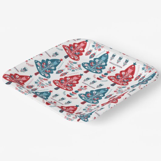 Rood en Blauw Scandinavische Kerstboom Folk Art Papieren Bordje (Gebogen)