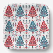Rood en Blauw Scandinavische Kerstboom Folk Art Papieren Bordje (Voorkant)