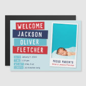 Rood en Blauw Snapshot Magnetische Geboorteaankond Uitnodiging (Voorkant / Achterkant)