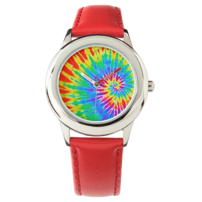 Rood en Blauw Spiraal Tie Dye Watch Horloge (Voorkant)