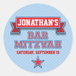 Rood- en blauw-sportwapel-balk Mitzvah RSVP Ronde Sticker