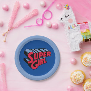 Rood en Blauw Supergirl Gestapelde Naam Logo Papieren Bordje