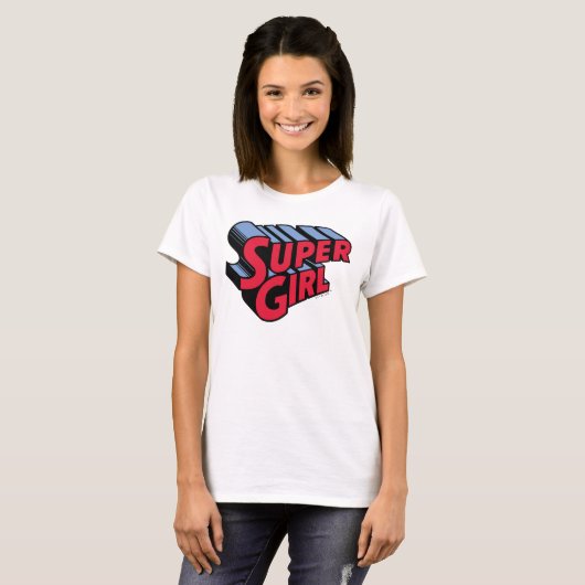 Rood en Blauw Supergirl Gestapelde Naam Logo T-shirt (Voorkant volledig)