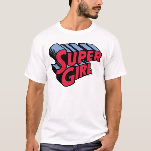 Rood en Blauw Supergirl Gestapelde Naam Logo T-shirt (Voorkant)