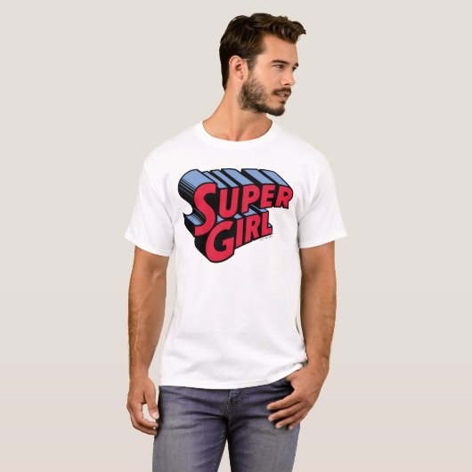 Rood en Blauw Supergirl Gestapelde Naam Logo T-shirt (Voorkant volledig)