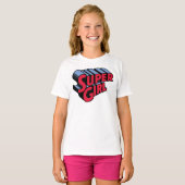 Rood en Blauw Supergirl Gestapelde Naam Logo T-shirt (Voorkant volledig)