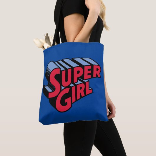Rood en Blauw Supergirl Gestapelde Naam Logo Tote Bag (Dichtbij)