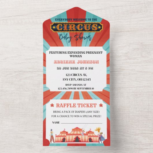 Rood en blauw ticket Circus Baby shower All In One Uitnodiging (Binnen)