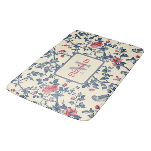 Rood en Blauw Toile de Jouy Gepersonaliseerd Badmat (Gekanteld)
