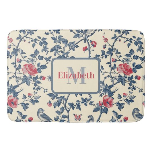 Rood en Blauw Toile de Jouy Gepersonaliseerd Badmat (Voorkant)