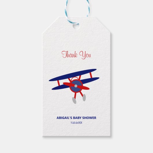 Rood en Blauw Vliegtuig Baby shower Cadeaulabel (Voorkant)