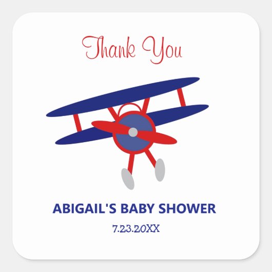 Rood en Blauw Vliegtuig Baby shower Vierkante Sticker (Voorkant)