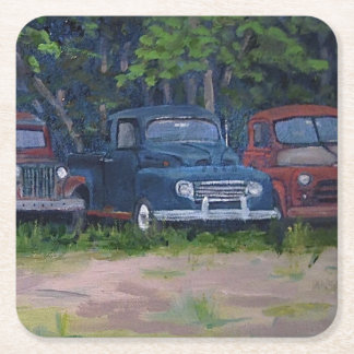 Rood en blauw  vrachtwagens, origineel schilderij kartonnen onderzetters