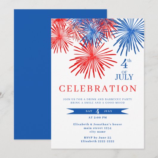 Rood en blauw vuurwerk 4 juli uitnodigingen (Voorkant / Achterkant)