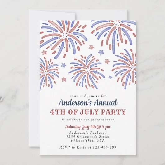 Rood en blauw vuurwerk op 4 juli kaart (Voorkant)
