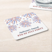 Rood en blauw vuurwerk op 4 juli kartonnen onderzetters (Schuin)