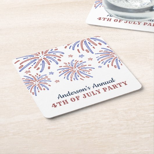 Rood en blauw vuurwerk op 4 juli kartonnen onderzetters (Schuin)