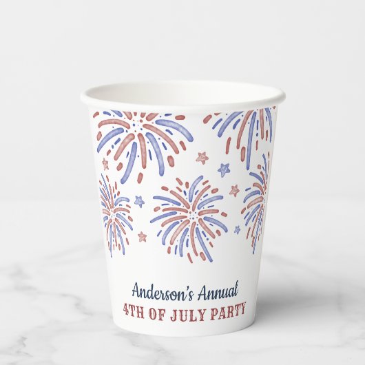 Rood en blauw vuurwerk op 4 juli papieren bekers (Achterkant)