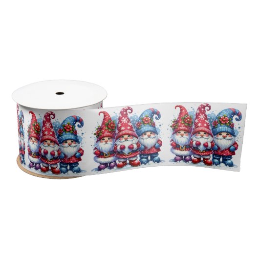Rood en blauw Waterverf Holiday Gnomes Christmas Satijnen Lint (Spoel)