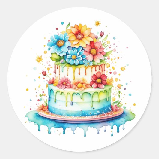 Rood en Blauw Whimsical Verjaardagstaart Waterverf Ronde Sticker (Voorkant)