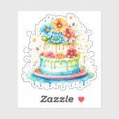 Rood en Blauw Whimsical Verjaardagstaart Waterverf Sticker (Vel)