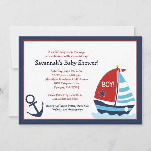 Rood en blauw zeilboot 5x7 Baby shower Uitnodiging (Voorkant)
