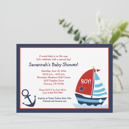 Rood en blauw zeilboot 5x7 Baby shower Uitnodiging (Staand voorkant)