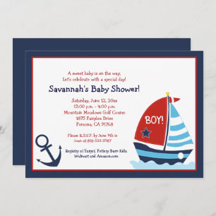 Rood en blauw zeilboot 5x7 Baby shower Uitnodiging