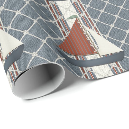 Rood en blauw zeilboot inpakpapier (Rol Hoek)