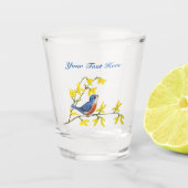 Rood en Blauw Zingende Vogel op Tak Gele Bloemen Shot Glas (Voorkant)