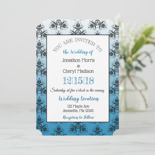Rood en blauwDamask Wedding-uitnodigingen Kaart (Staand voorkant)