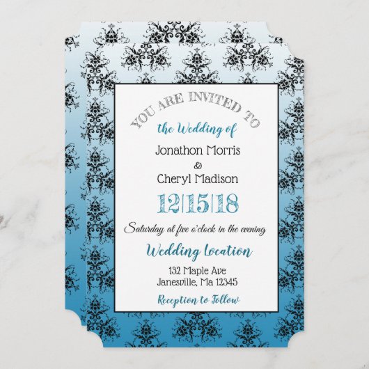 Rood en blauwDamask Wedding-uitnodigingen Kaart (Voorkant / Achterkant)