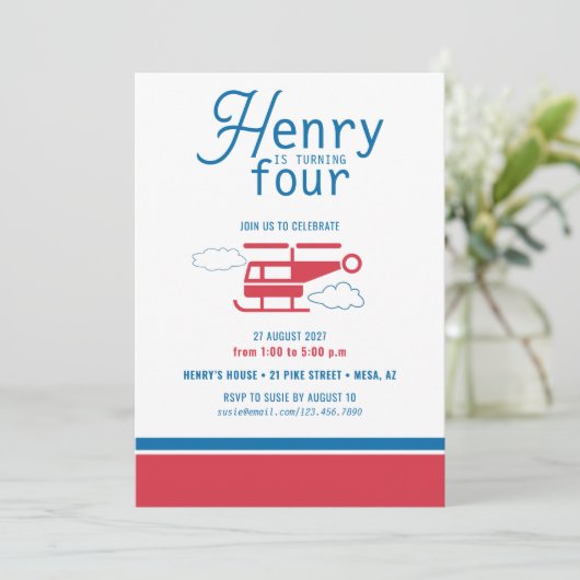 Rood- en blauwe helikopter op zaterdag kaart (Staand voorkant)