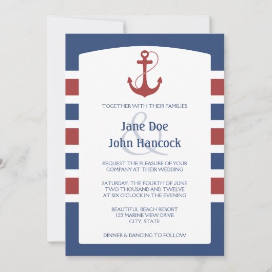 Rood- en blauwe Nautical Anchor Wedding Invitation Kaart (Voorkant)