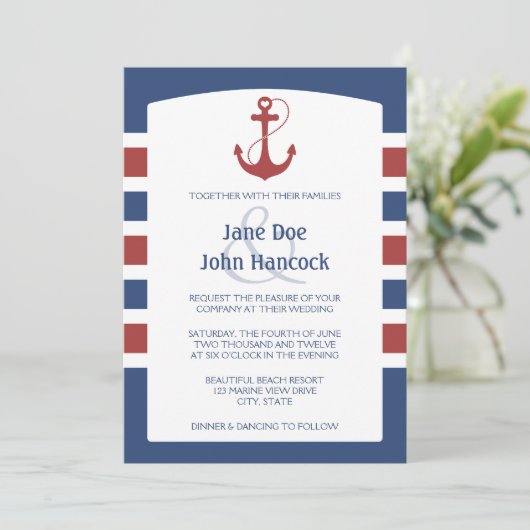 Rood- en blauwe Nautical Anchor Wedding Invitation Kaart (Staand voorkant)