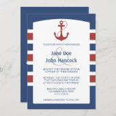 Rood- en blauwe Nautical Anchor Wedding Invitation Kaart (Voorkant / Achterkant)