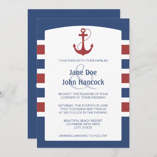 Rood- en blauwe Nautical Anchor Wedding Invitation Kaart (Voorkant / Achterkant)